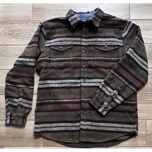 CE Schmidt Shirt Men Large Brown Wool Flannel Western Rodeo Hiking Striped Thick